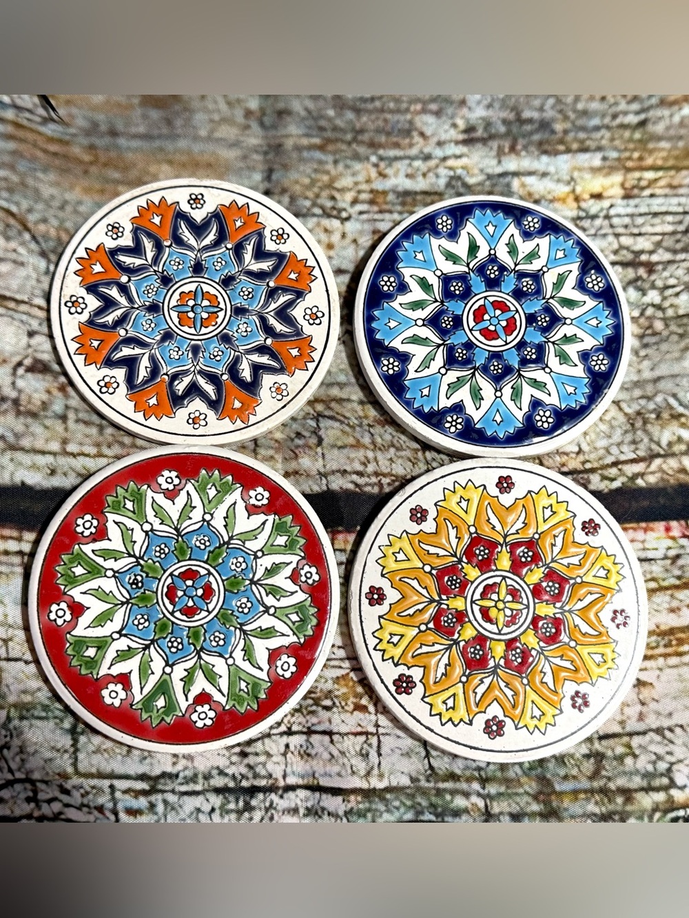 Vintage Drink Coasters 4 Multicolor Ceramic Ancient Greek Enameled Mosaic Tile